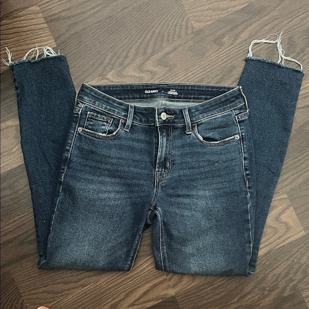 Old Navy Women's Dark Blue Skinny Jeans with Frayed Ankles
